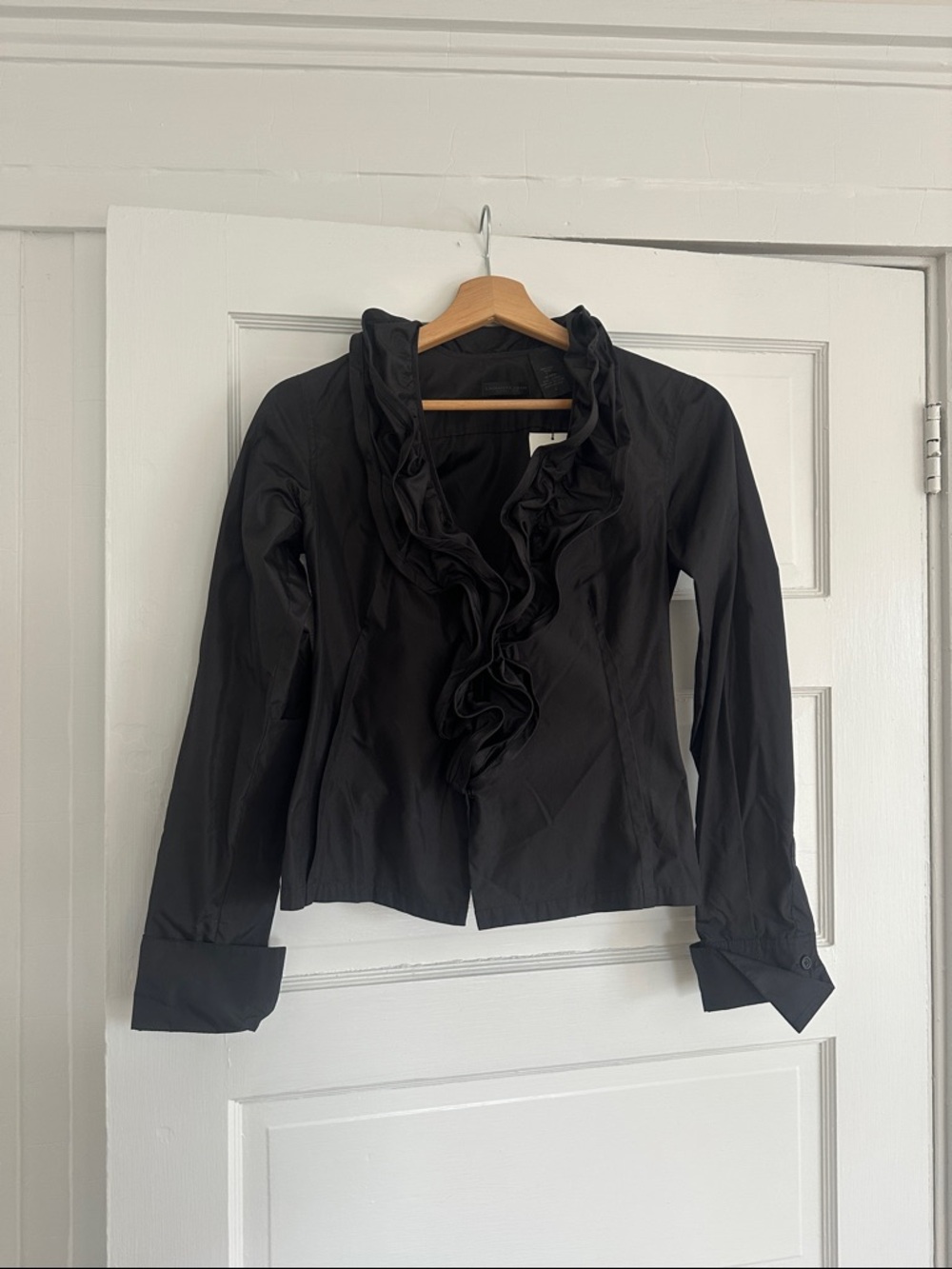 Donna Karan Black Silk Blouse with Ruffle Detail